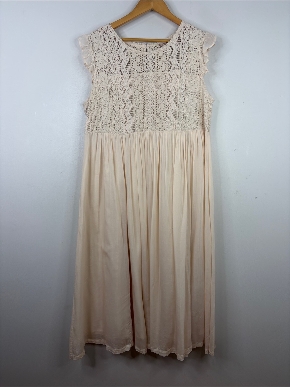 April Cornell Dress Womens Large Peach Modal Crochet Ruffle Pleated Maxi Loose